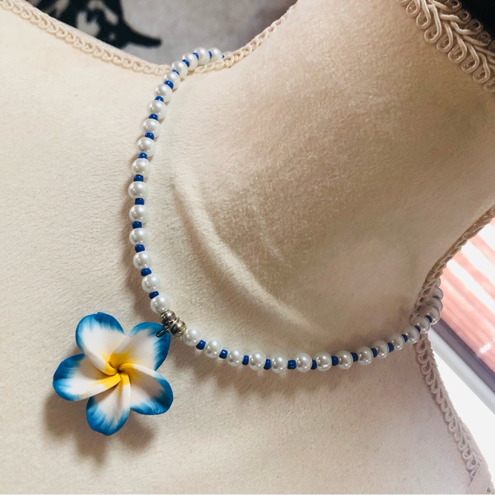 Handcrafted repurpose Hawaiian plumeria pendant Czech glass Pearl necklace